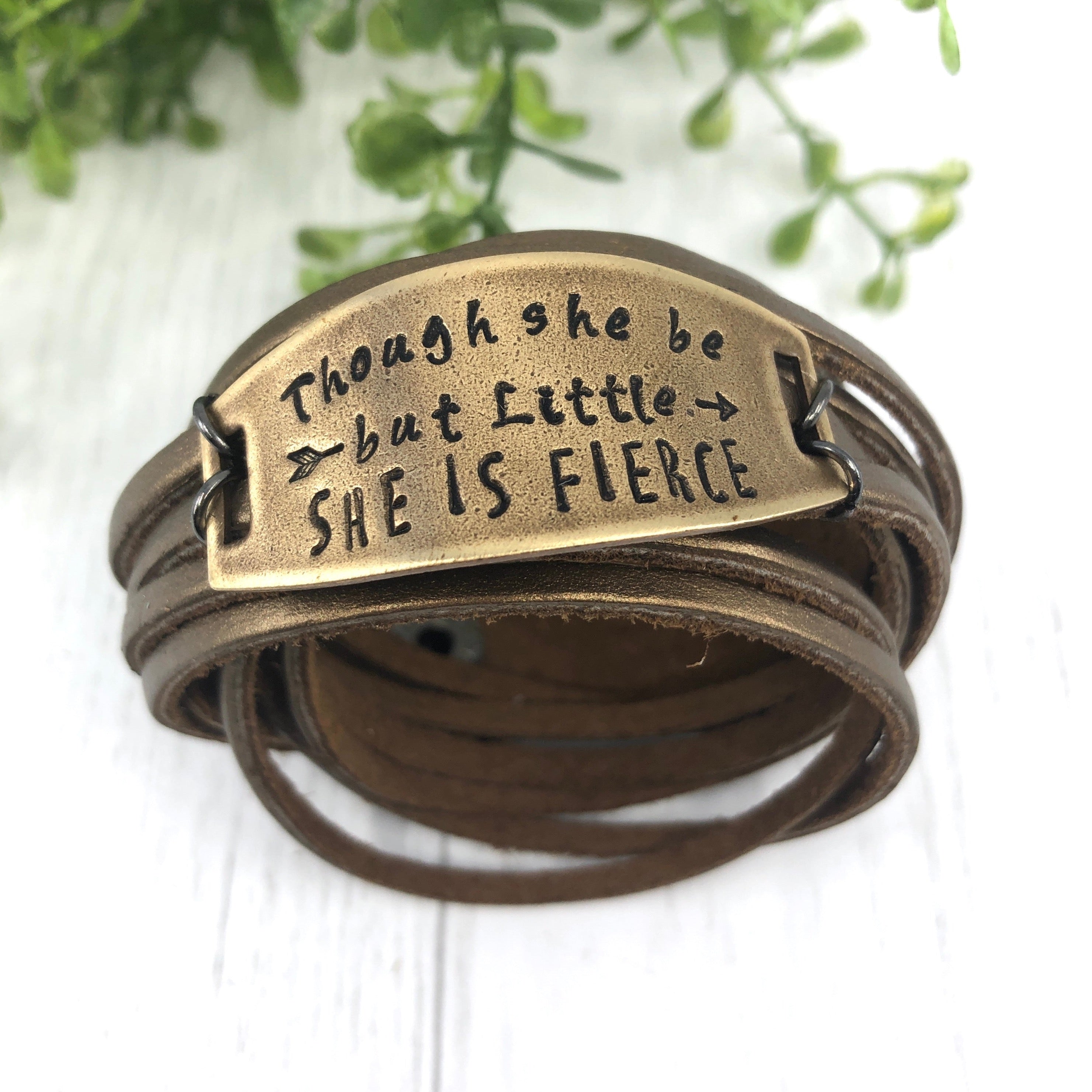 Adjustable 'SHE IS FIERCE" Shredded Bronze Leather Double Wrap Bracelet Leather Wrap Create Hope Cuffs 