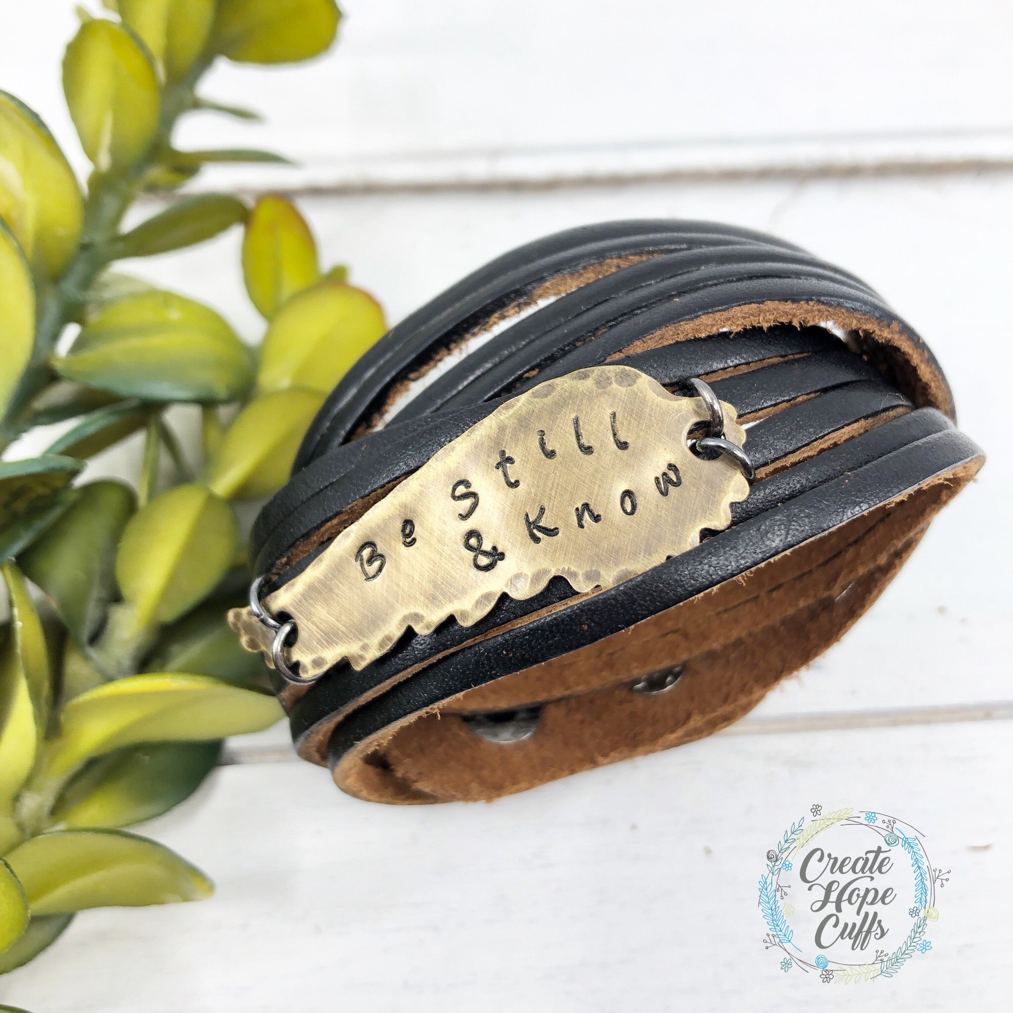 Be Still & Know Black Leather Wrap & Wing Bracelet, adjustable Leather Wrap Create Hope Cuffs