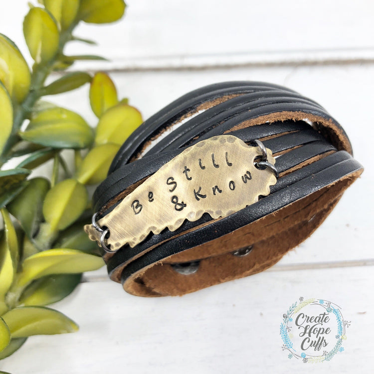 Be Still & Know Black Leather Wrap & Wing Bracelet, adjustable Leather Wrap Create Hope Cuffs