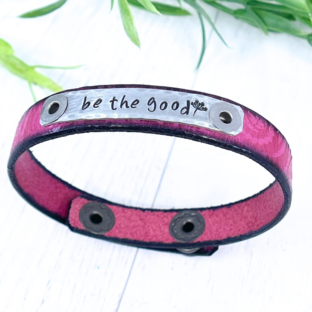 BE THE GOOD Embossed Pink Leather Skinny Bracelet, adjustable Skinny Bracelets Create Hope Cuffs