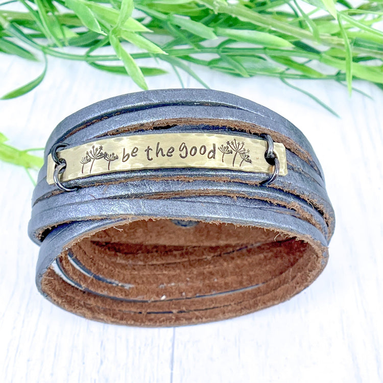 BE THE GOOD Pewter Metallic | Brass Bar | Leather Double Wraps Bracelet | Adjustable Leather Wrap Create Hope Cuffs