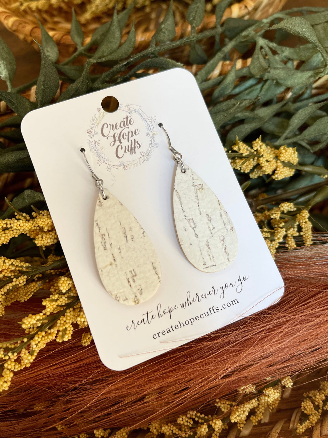 Birch White | Thin Teardrop Leather Earrings | Hypoallergenic | Women Leather Earrings Create Hope Cuffs