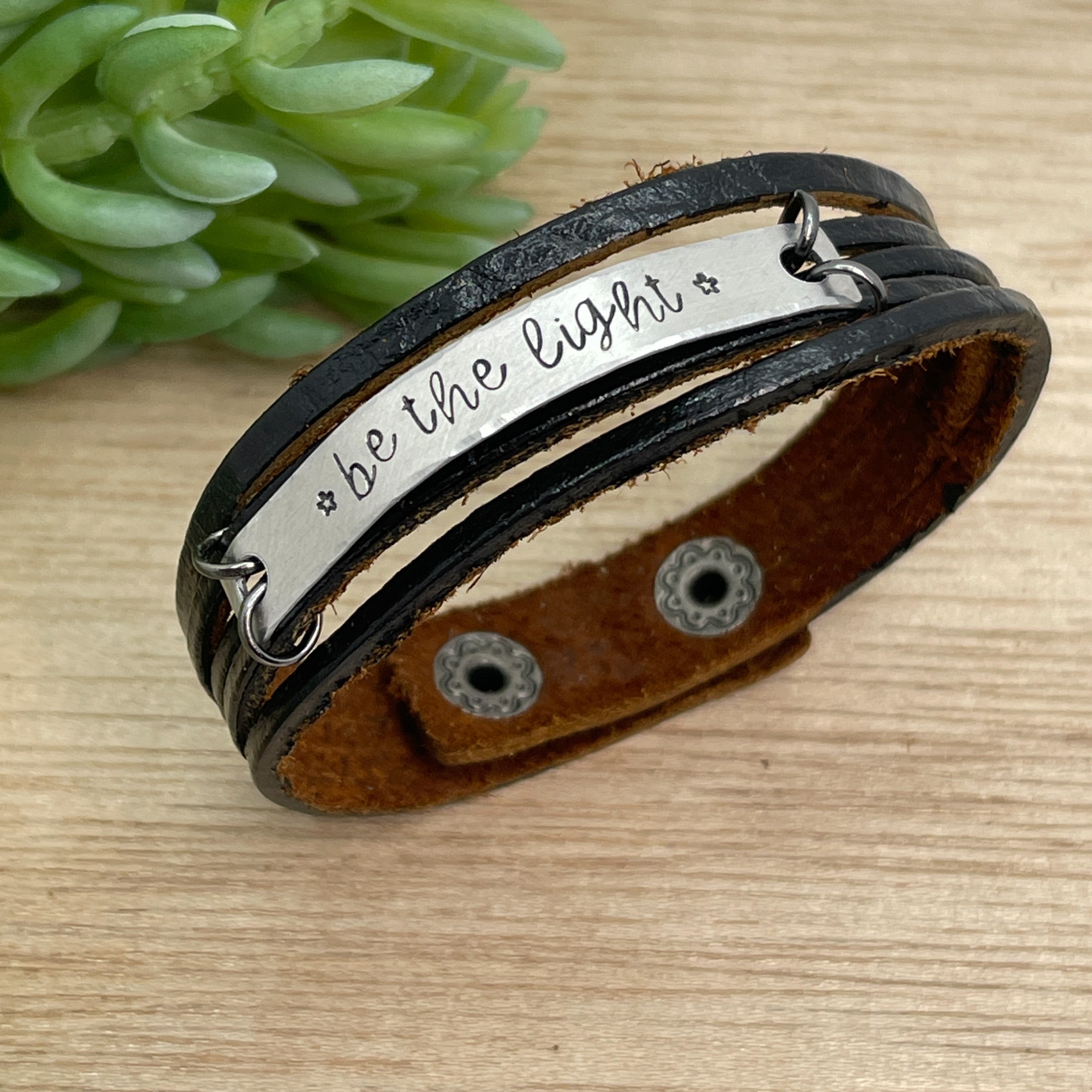Black BE THE LIGHT Mini Leather Wrap Bracelet | Women Teens | Adjustable Leather Wrap Create Hope Cuffs