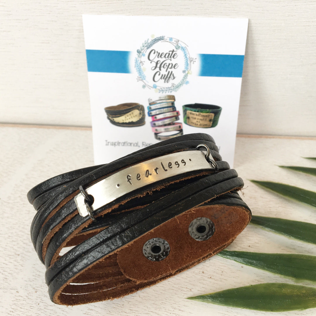 Black Leather 'Fearless' Shredded Wrap Bracelet Leather Wrap Create Hope Cuffs