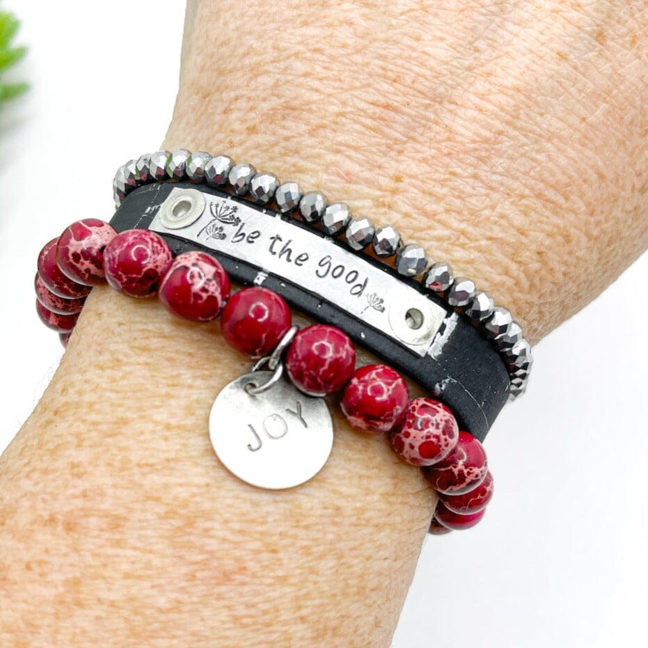 Black Red BE THE GOOD Stack | Skinny Set | Leather Bracelets | Womens Skinny Bracelets Create Hope Cuffs