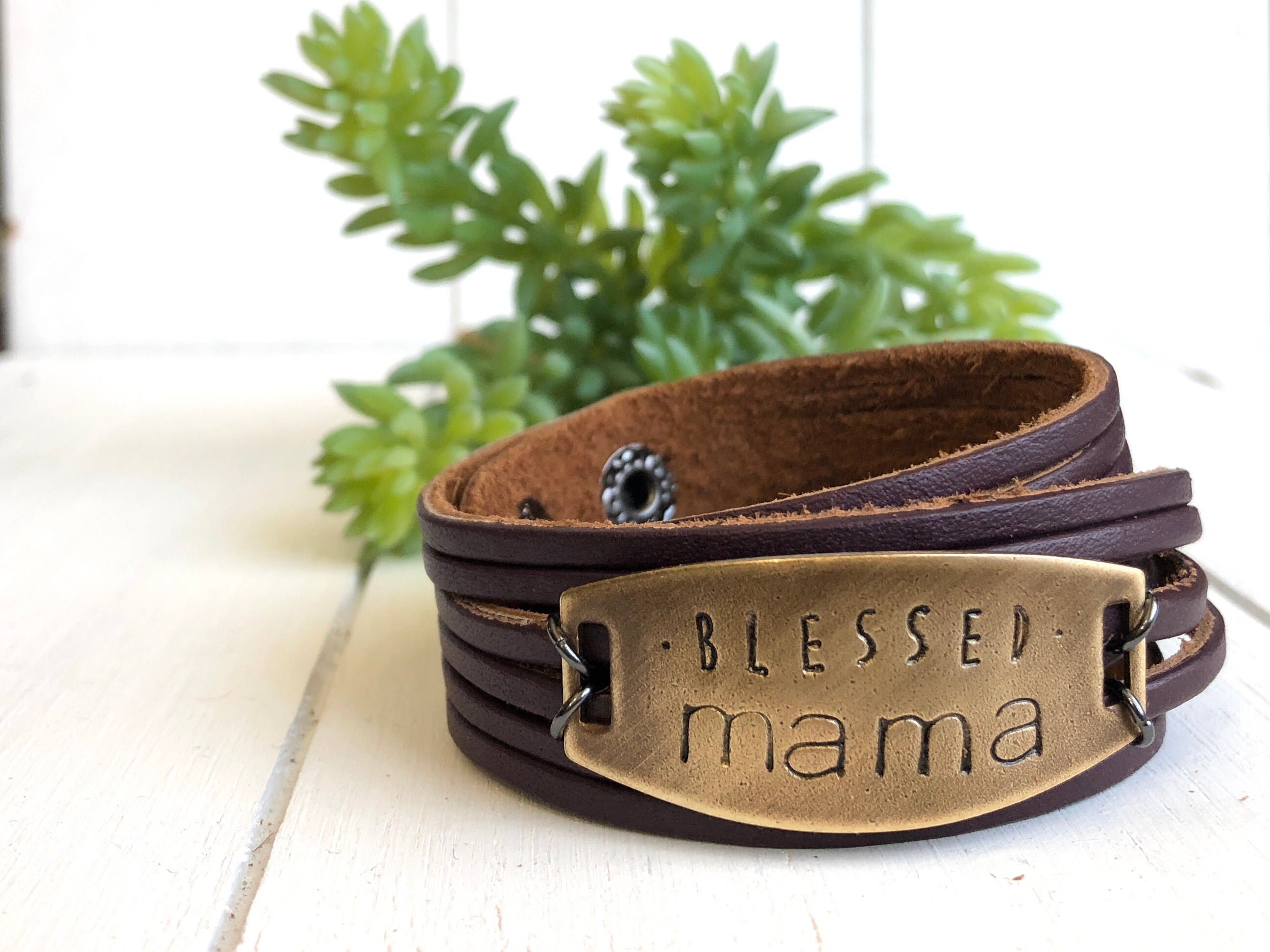 Blessed Mama Plum Leather Wrap & Bronze Shield Bracelet, adjustable Leather Wrap Create Hope Cuffs