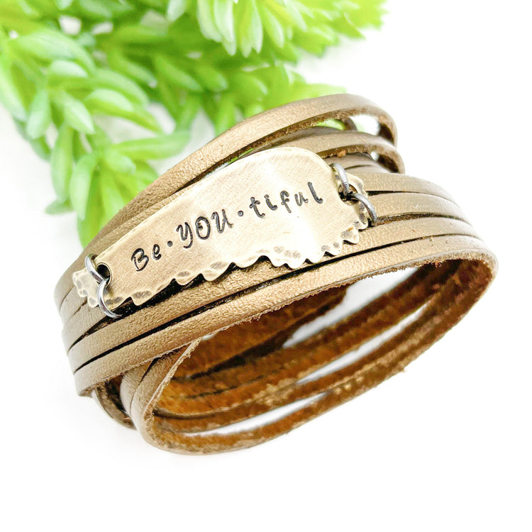 BRONZE | 4 Phrases | Bronze Angel Wing | Double Leather Wrap Bracelet | Adjustable Leather Wrap Create Hope Cuffs beYOUtiful