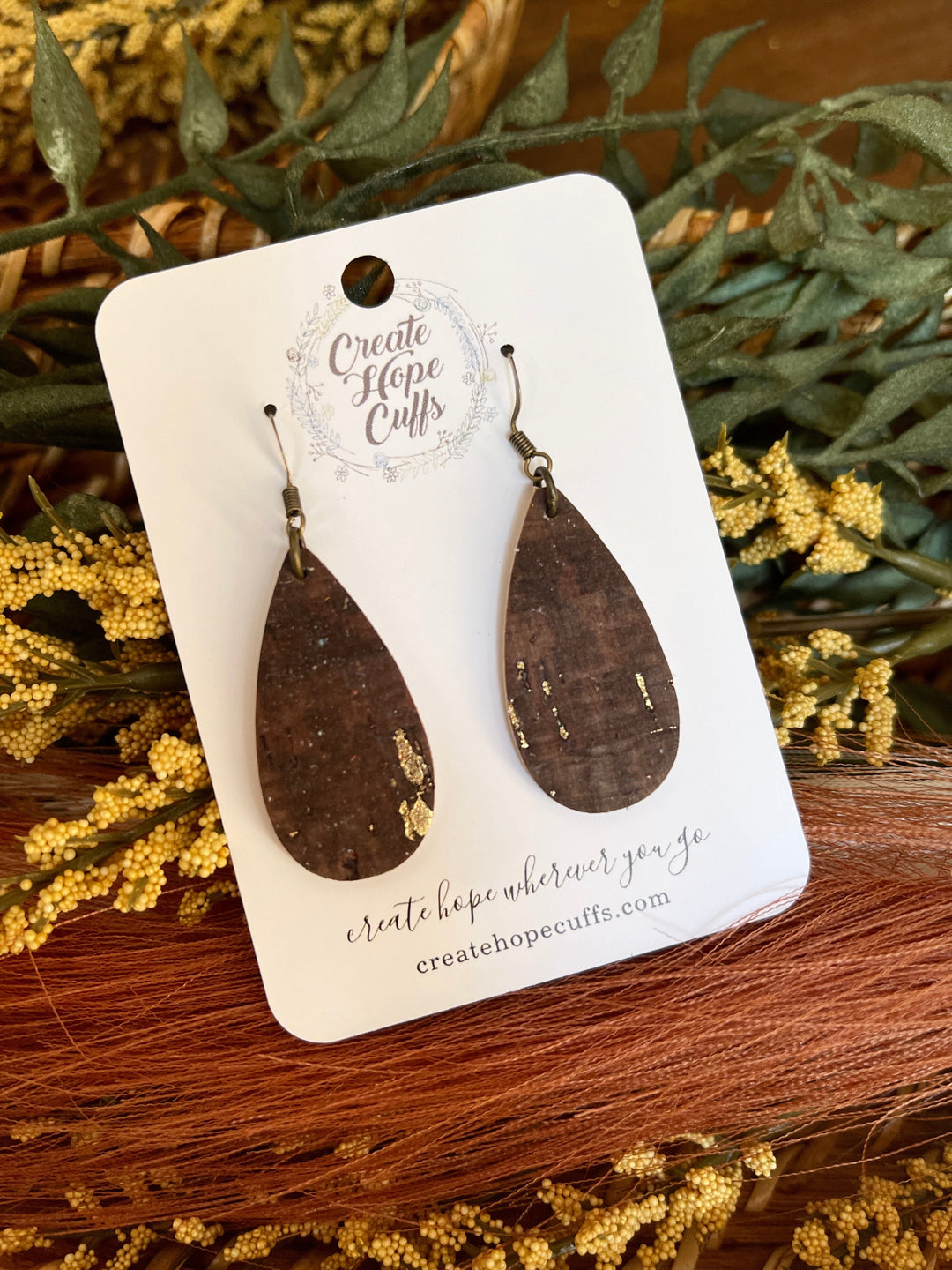 Brown Gold Fleck | Thin Teardrop Leather Earrings | Hypoallergenic | Women Leather Earrings Create Hope Cuffs