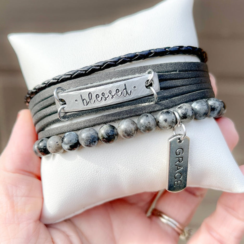 Charcoal Grey MiNi Wrap Personalized Leather Bracelet | Women Teens | Adjustable Leather Wrap Create Hope Cuffs