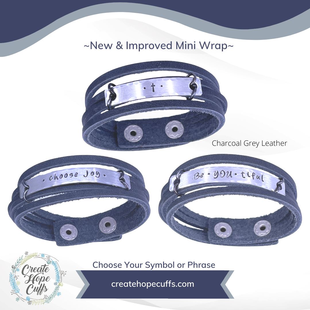 Charcoal Grey MiNi Wrap Personalized Leather Bracelet | Women Teens | Adjustable Leather Wrap Create Hope Cuffs