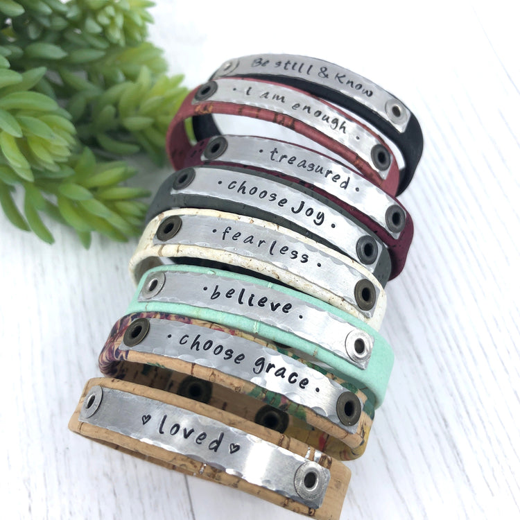 Cork Skinny 'I am enough' Dusty Rose Pink Bracelet, adjustable Skinny Bracelets Create Hope Cuffs