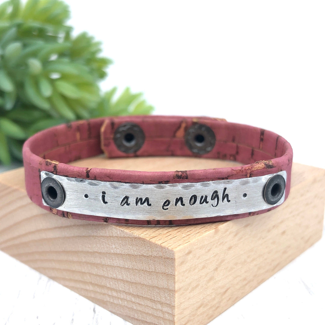 Cork Skinny 'I am enough' Dusty Rose Pink Bracelet, adjustable Skinny Bracelets Create Hope Cuffs