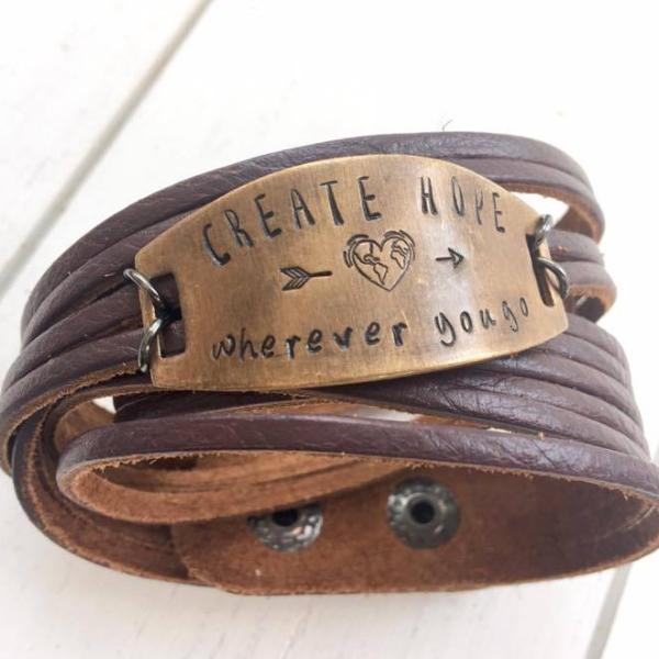 Create Hope Wherever You Go Plum Leather Wrap & Bronze Shield Bracelet, adjustable Leather Wrap Create Hope Cuffs 
