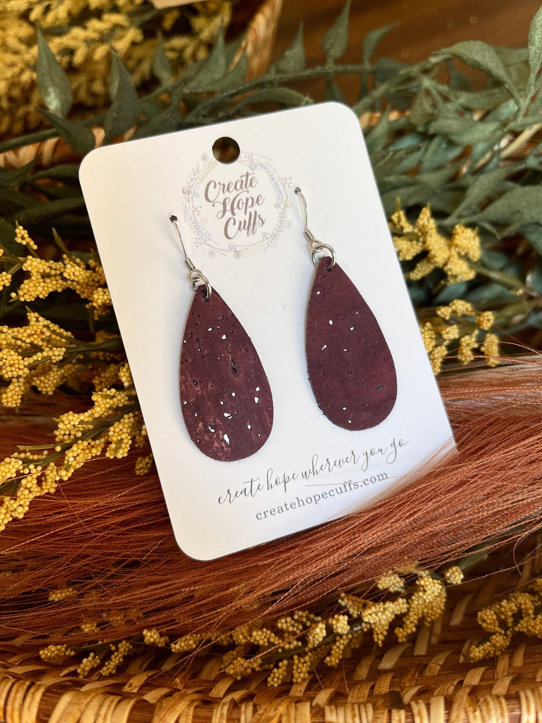 Deep Plum Silver Fleck | Thin Teardrop Leather Earrings | Hypoallergenic | Women Leather Earrings Create Hope Cuffs