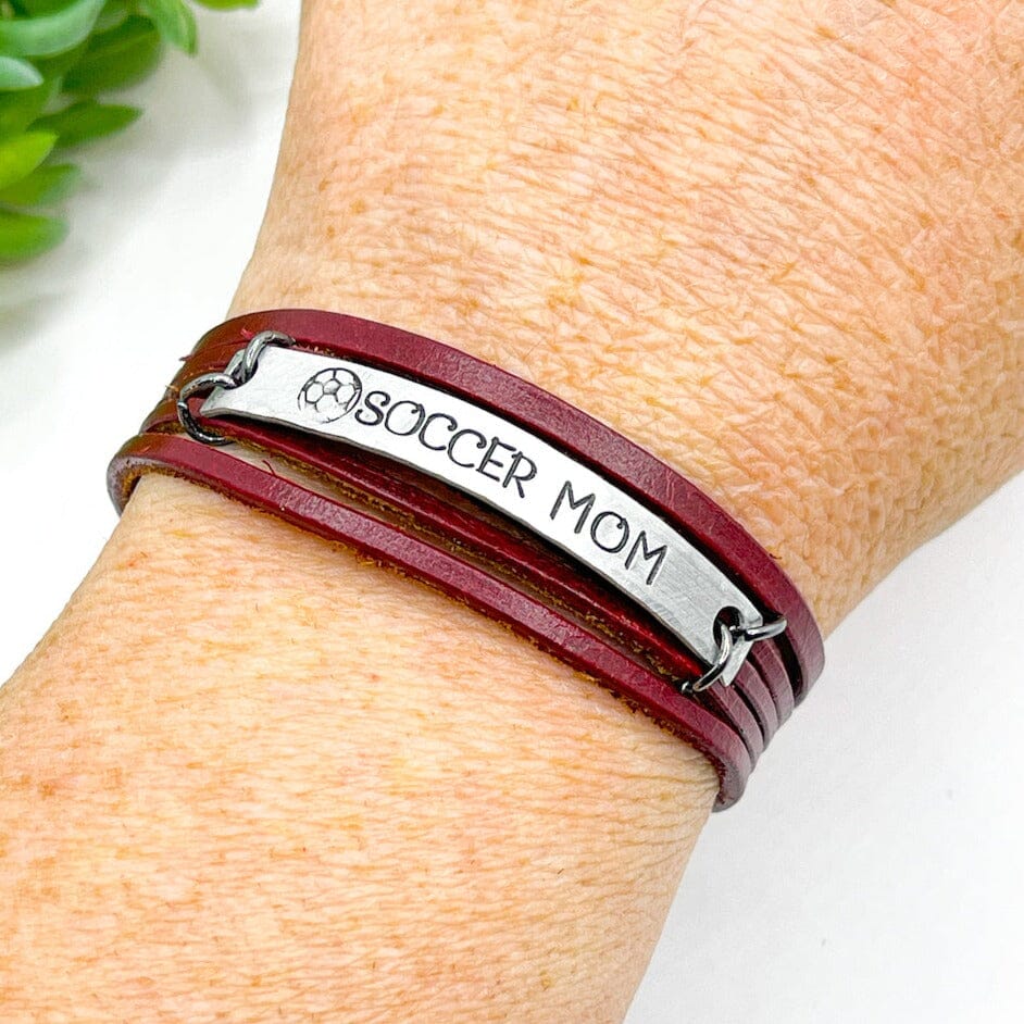 Deep Red | SOCCER MOM | Mini Leather Wrap Bracelet | Women | Adjustable Leather Wrap Create Hope Cuffs 