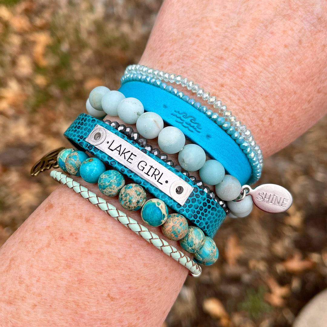 Electric Blue Wave Leather Skinny Bracelet, adjustable Skinny Bracelets Create Hope Cuffs Ocean Wave