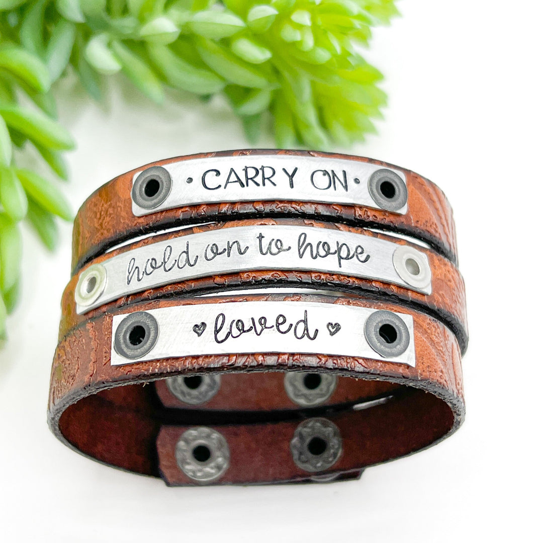 Embossed Brown | 3 Phrases | Leather Skinny Bracelet | Adjustable Skinny Bracelets Create Hope Cuffs