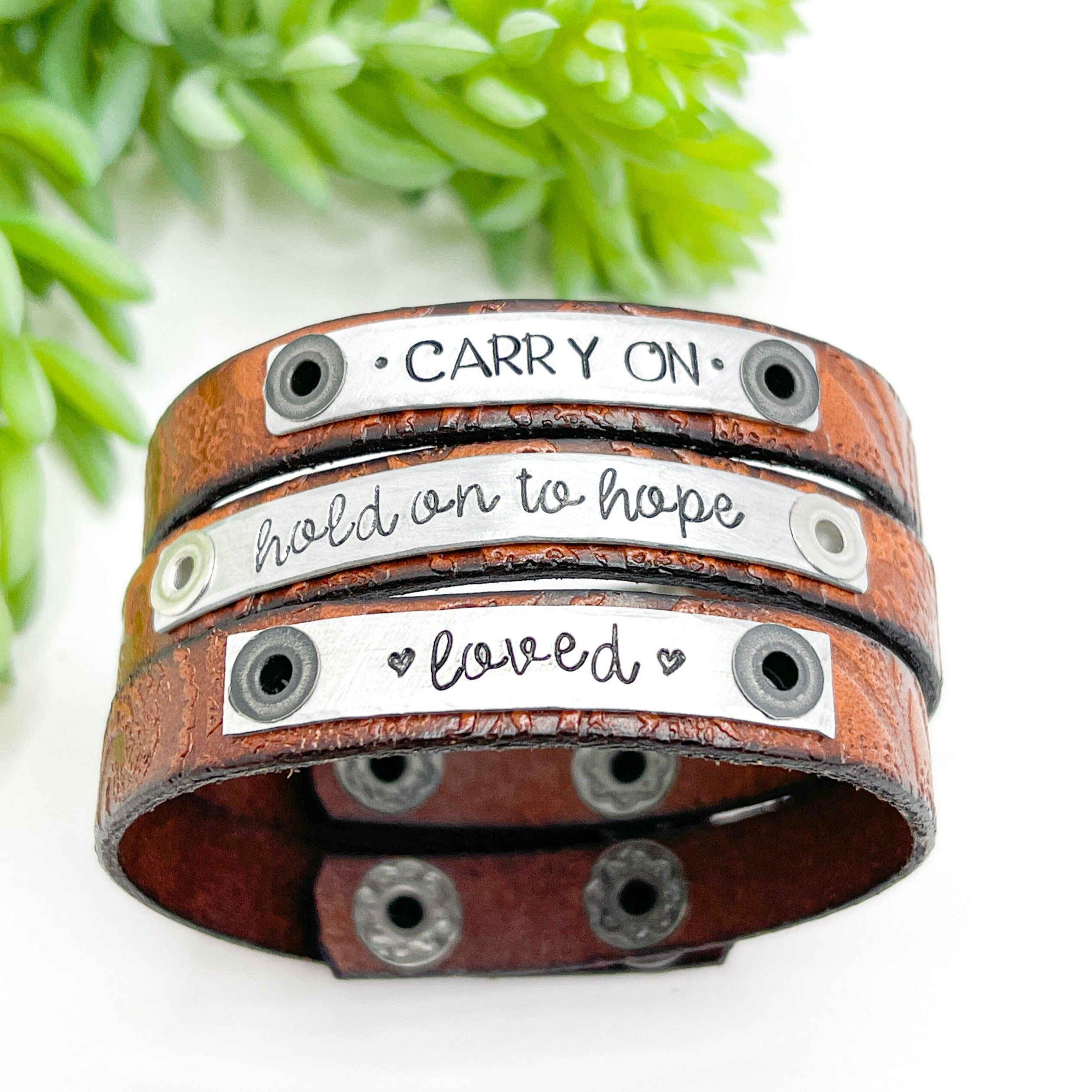 Embossed Brown | 3 Phrases | Leather Skinny Bracelet | Adjustable Skinny Bracelets Create Hope Cuffs