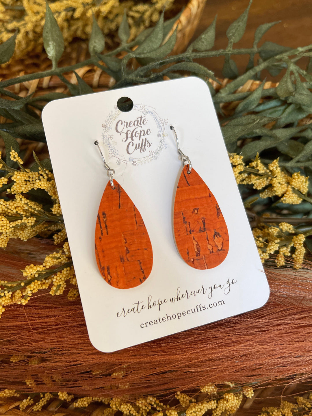 Fire Orange | Thin Teardrop Leather Earrings | Hypoallergenic | Women Leather Earrings Create Hope Cuffs