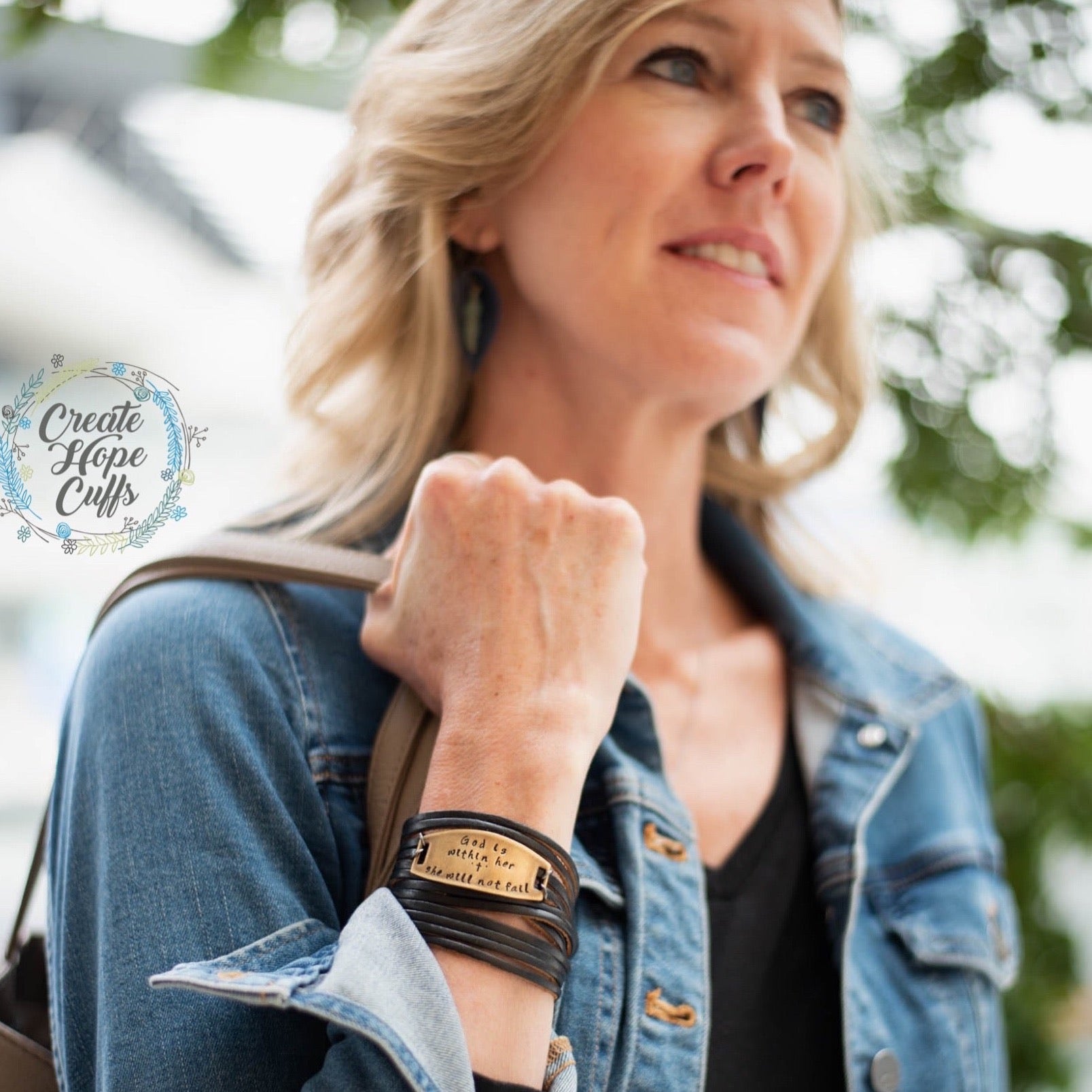 GOD IS WITHIN HER Leather Wrap & Bronze Bracelet, 11 color options, adjustable Leather Wrap Create Hope Cuffs