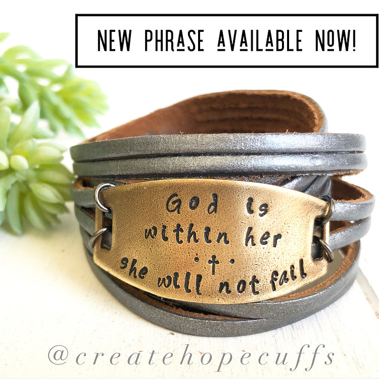 GOD IS WITHIN HER Leather Wrap & Bronze Bracelet, 11 color options, adjustable Leather Wrap Create Hope Cuffs