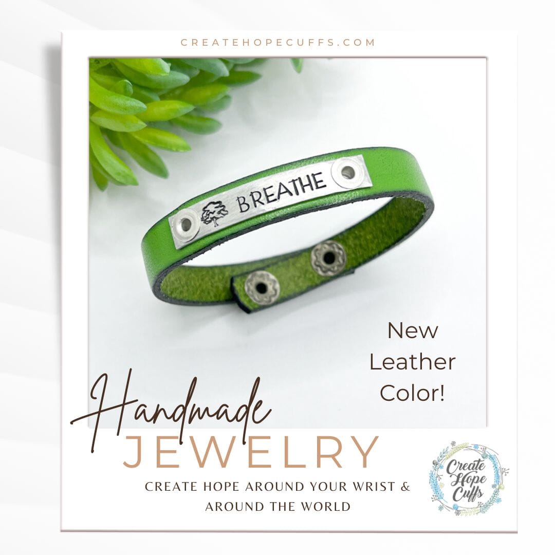 Grass Green BREATHE | Leather Skinny Bracelet | Adjustable Skinny Bracelets Create Hope Cuffs