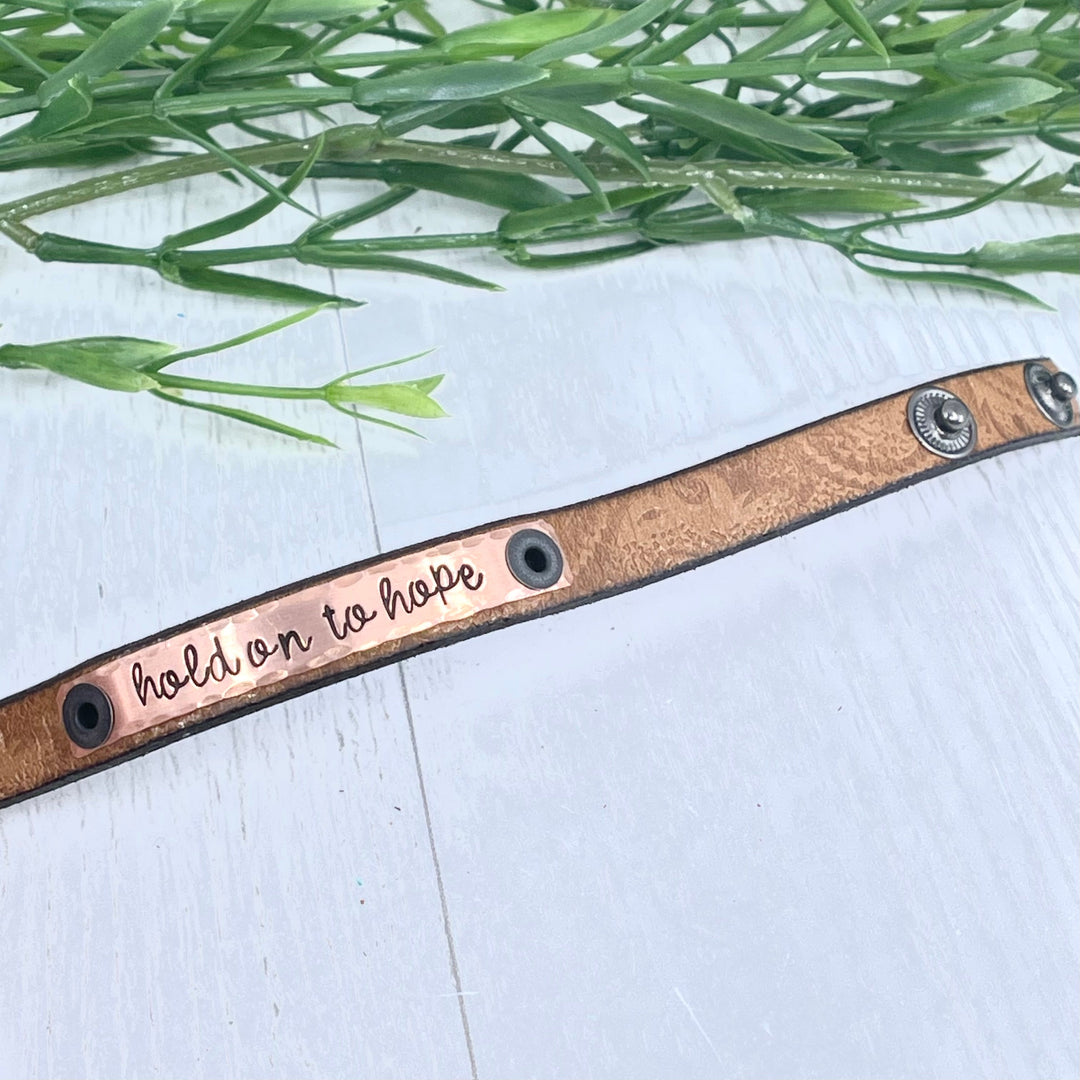 Hold on to Hope Embossed Tan Leather Bracelet, adjustable Skinny Bracelets Create Hope Cuffs