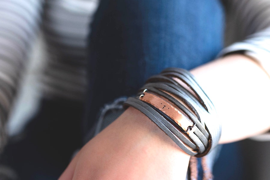 Image of Cross Leather Shredded Wrap, Silver, Brass or Copper Bar Bracelet, adjustable Leather Wrap Create Hope Cuffs