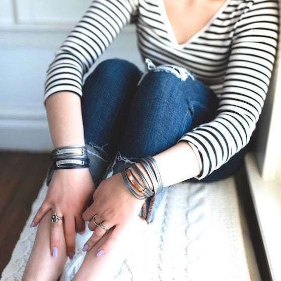 Image of Cross Leather Shredded Wrap, Silver, Brass or Copper Bar Bracelet, adjustable Leather Wrap Create Hope Cuffs