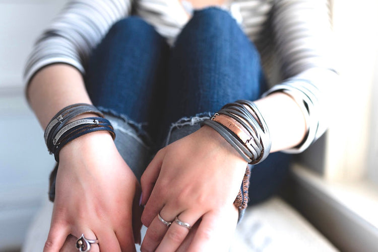 Image of Cross Leather Shredded Wrap, Silver, Brass or Copper Bar Bracelet, adjustable Leather Wrap Create Hope Cuffs