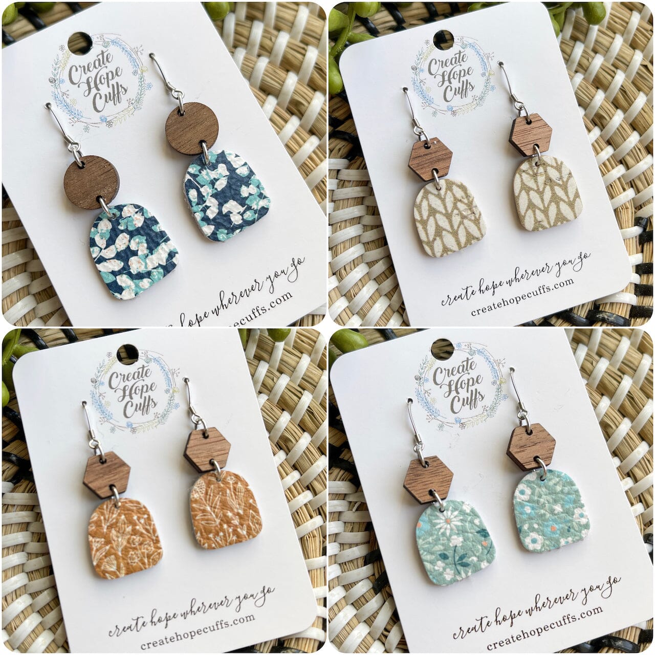 Itty BItty Floral Prints | 4 Styles | Leather Earrings | Stacked Wood Stud | Hypoallergenic | Women Leather Earrings Create Hope Cuffs
