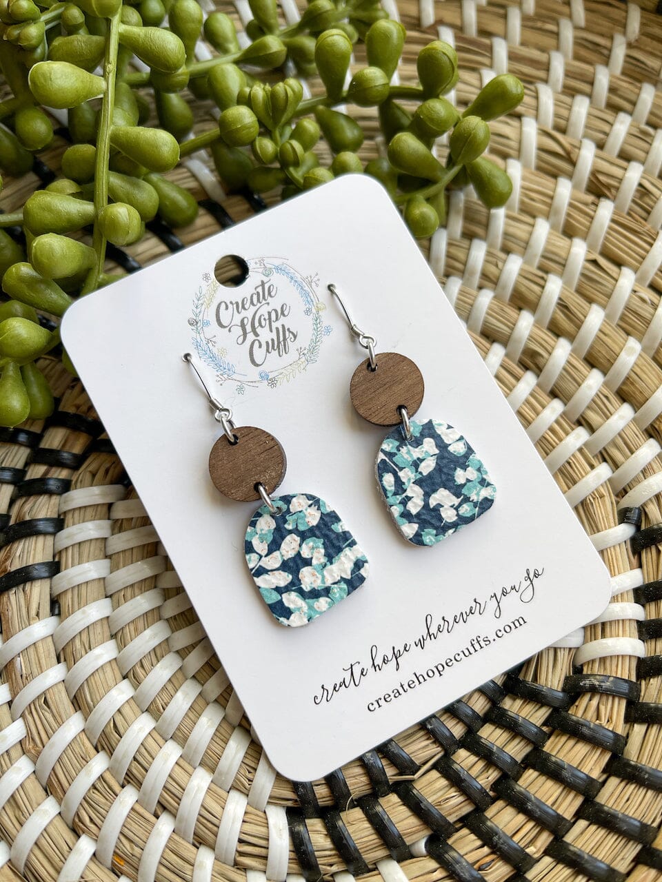 Itty BItty Floral Prints | 4 Styles | Leather Earrings | Stacked Wood Stud | Hypoallergenic | Women Leather Earrings Create Hope Cuffs Floral Navy & Teal Garden