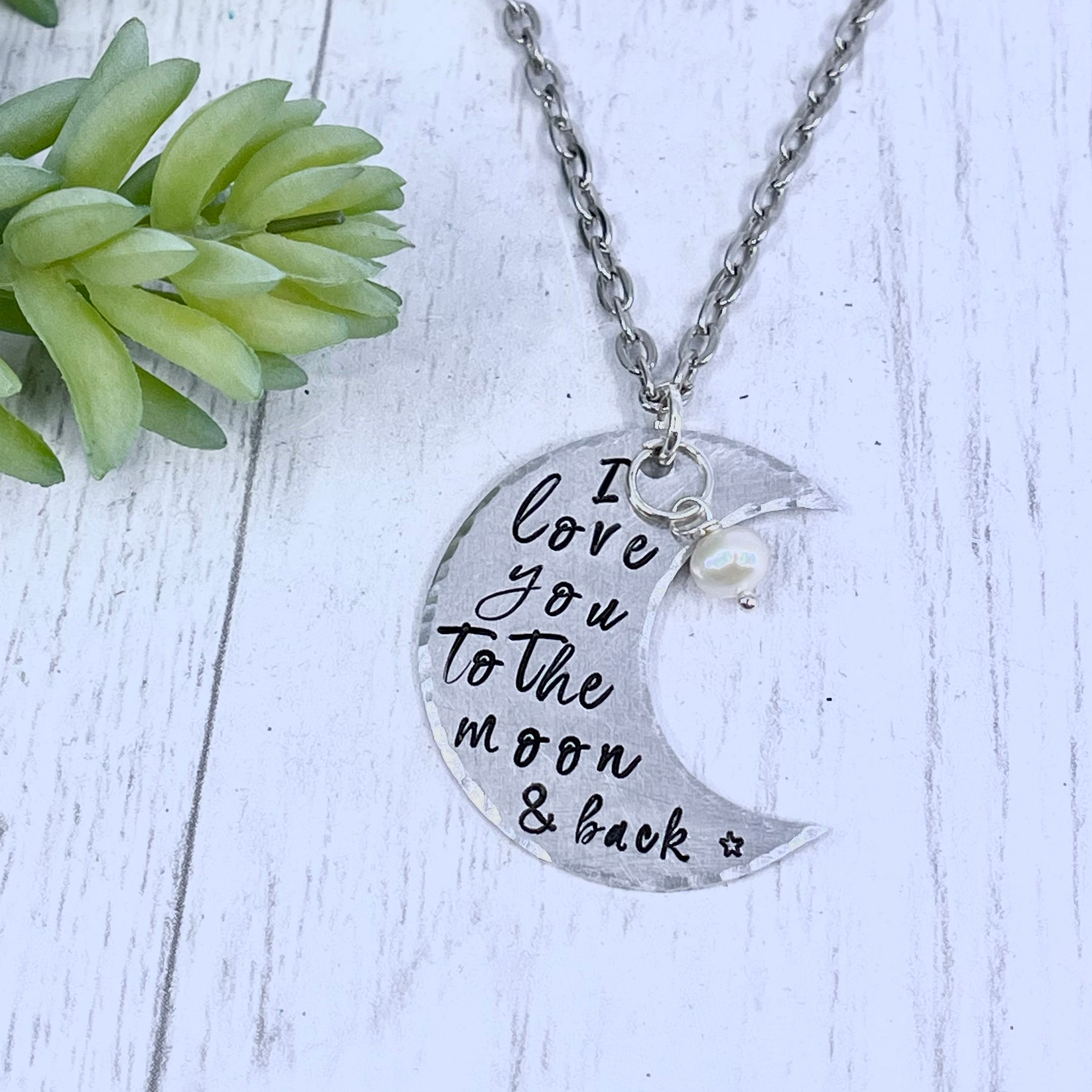 Love You To the Moon, Pearl Charm Stainless Silver Necklace, 24" Vintage Necklace Create Hope Cuffs