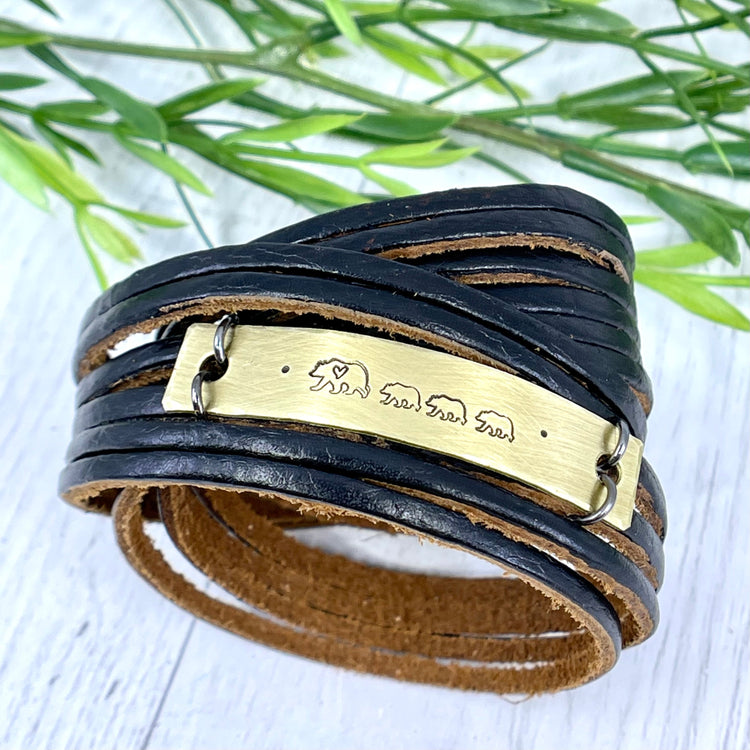 Mama & Baby Bears Black Leather Wrap & Brass Bar Bracelet, adjustable Leather Wrap Create Hope Cuffs