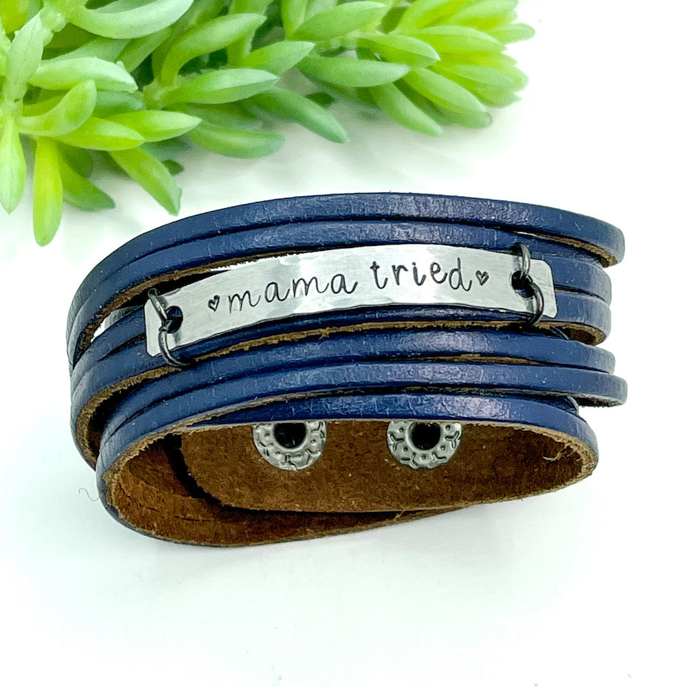 MAMA TRIED Leather Double Wrap | Silver Bar Bracelet | Adjustable Leather Wrap Create Hope Cuffs