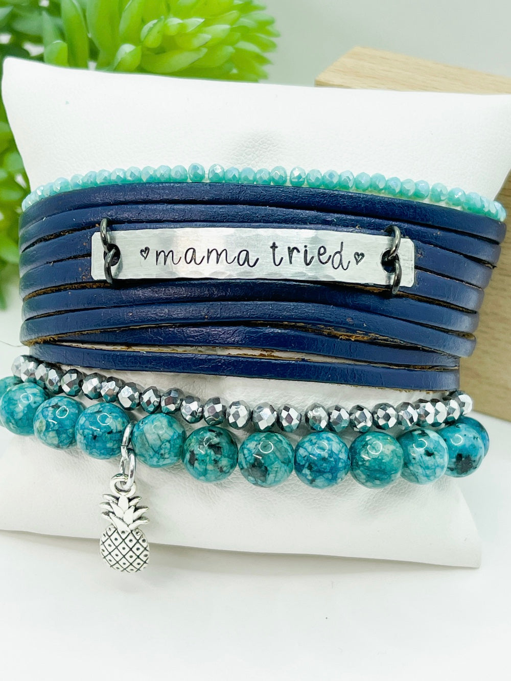 MAMA TRIED Leather Double Wrap | Silver Bar Bracelet | Adjustable Leather Wrap Create Hope Cuffs
