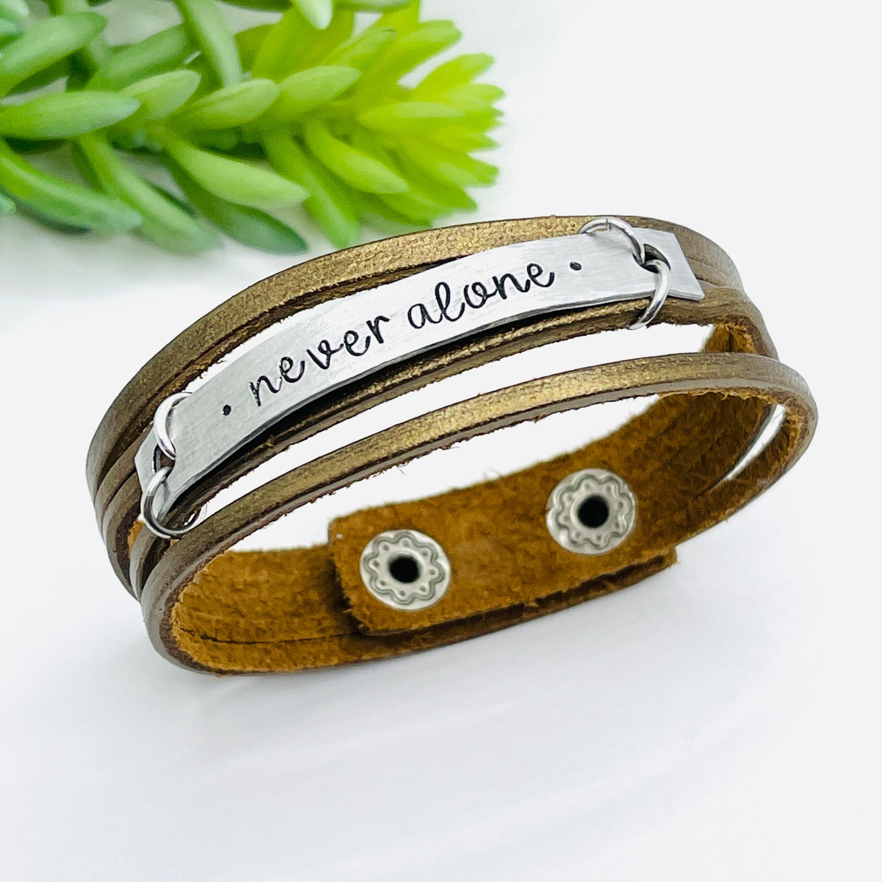 Metallic Bronze NEVER ALONE Mini Leather Wrap Bracelet | Women Teens | Adjustable Leather Wrap Create Hope Cuffs