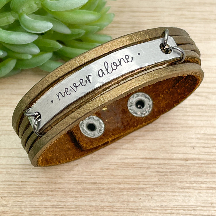 Metallic Bronze NEVER ALONE Mini Leather Wrap Bracelet | Women Teens | Adjustable Leather Wrap Create Hope Cuffs