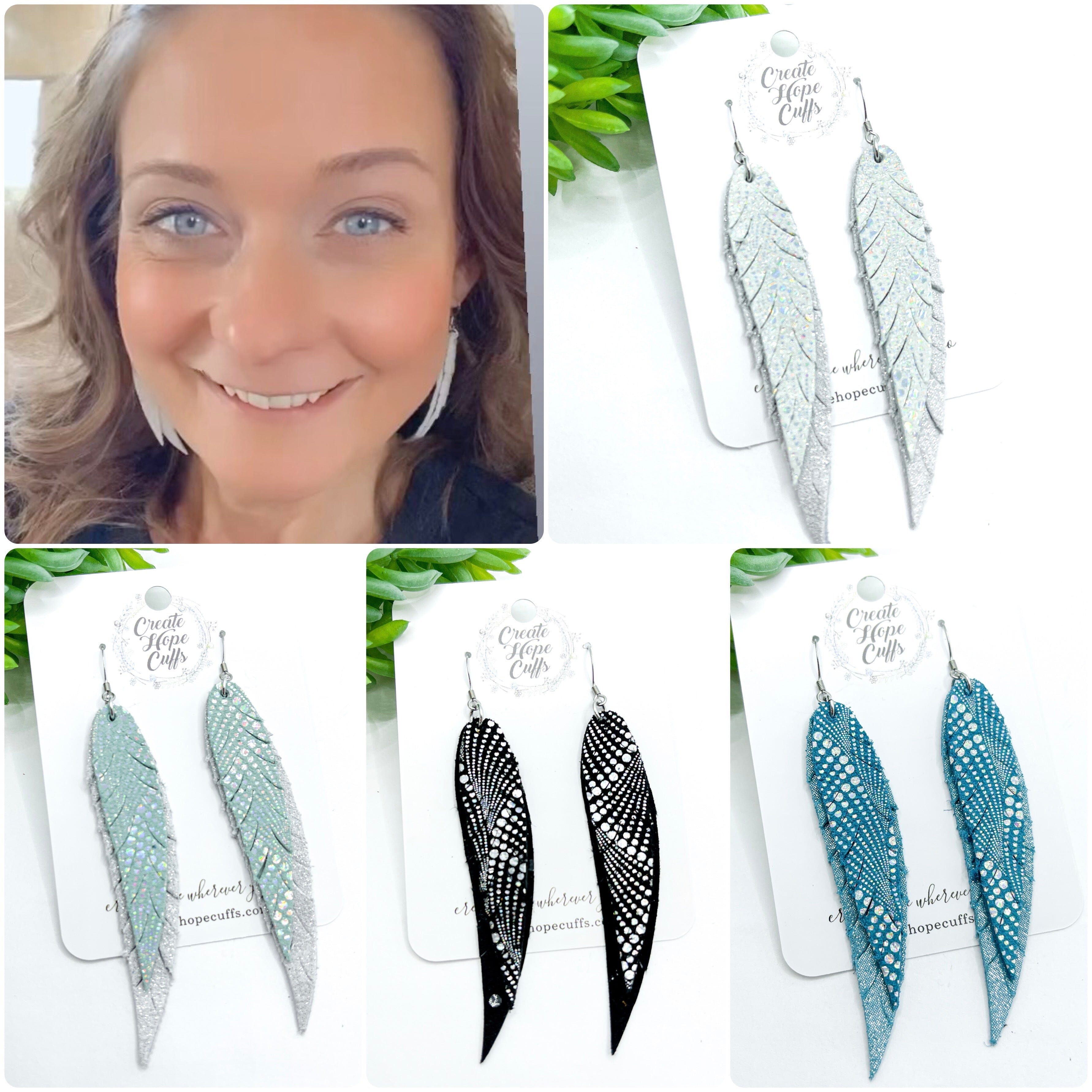 Metallic Halo Feathers | Leather Earrings | 4 Colors | Hypoallergenic | Women Leather Earrings Create Hope Cuffs