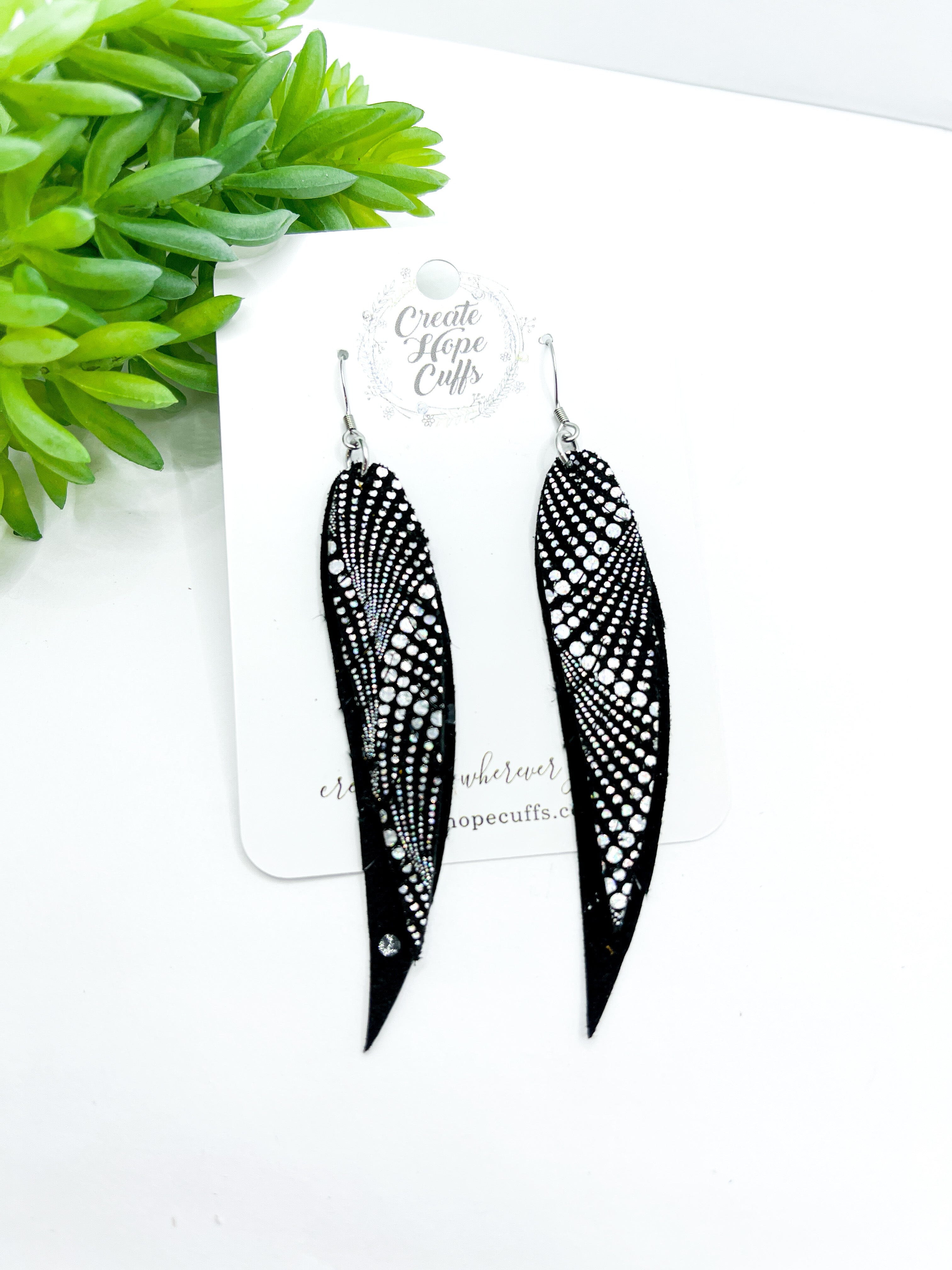 Metallic Halo Feathers | Leather Earrings | 4 Colors | Hypoallergenic | Women Leather Earrings Create Hope Cuffs Black