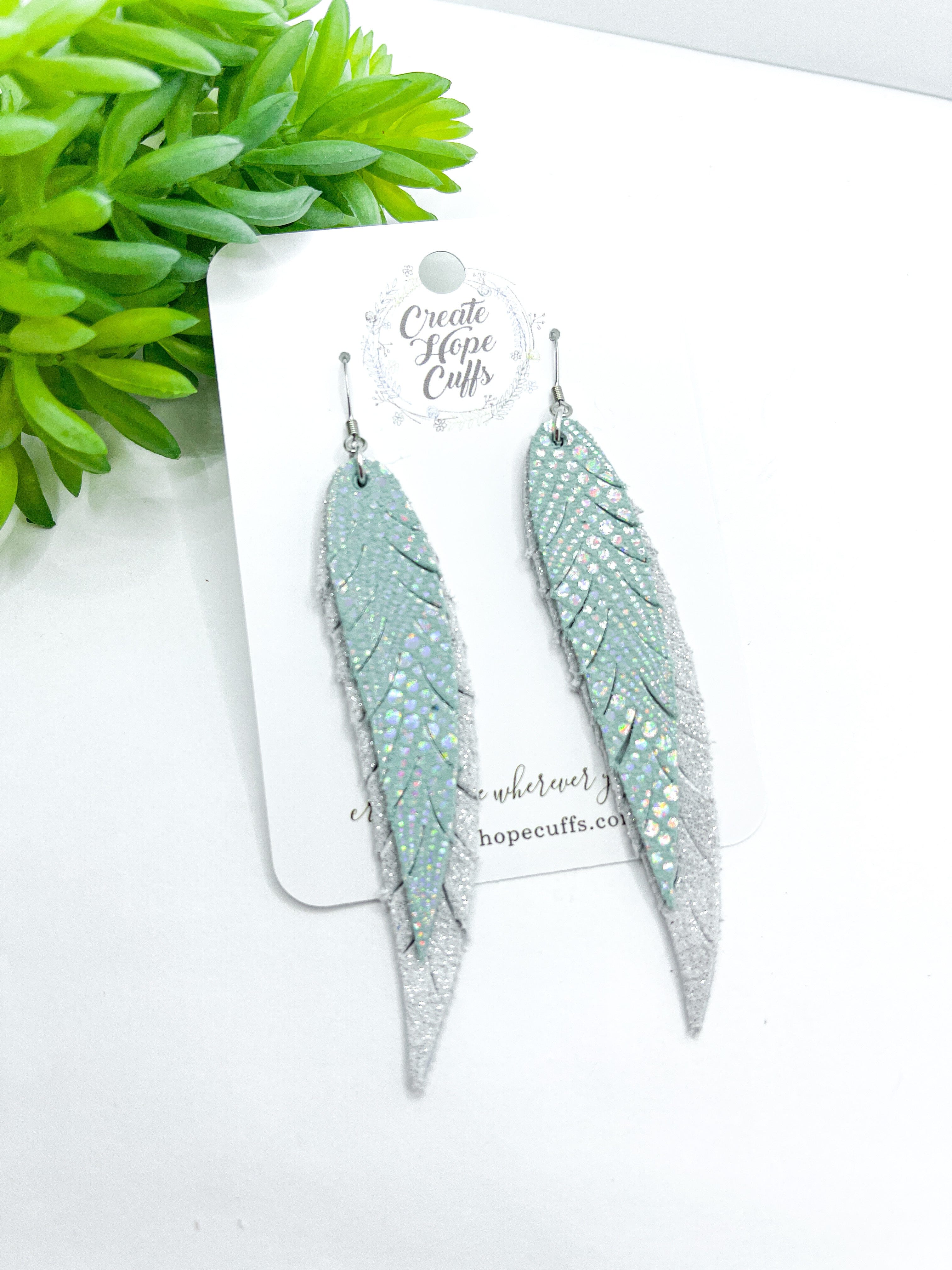 Metallic Halo Feathers | Leather Earrings | 4 Colors | Hypoallergenic | Women Leather Earrings Create Hope Cuffs Subtle Minty Green