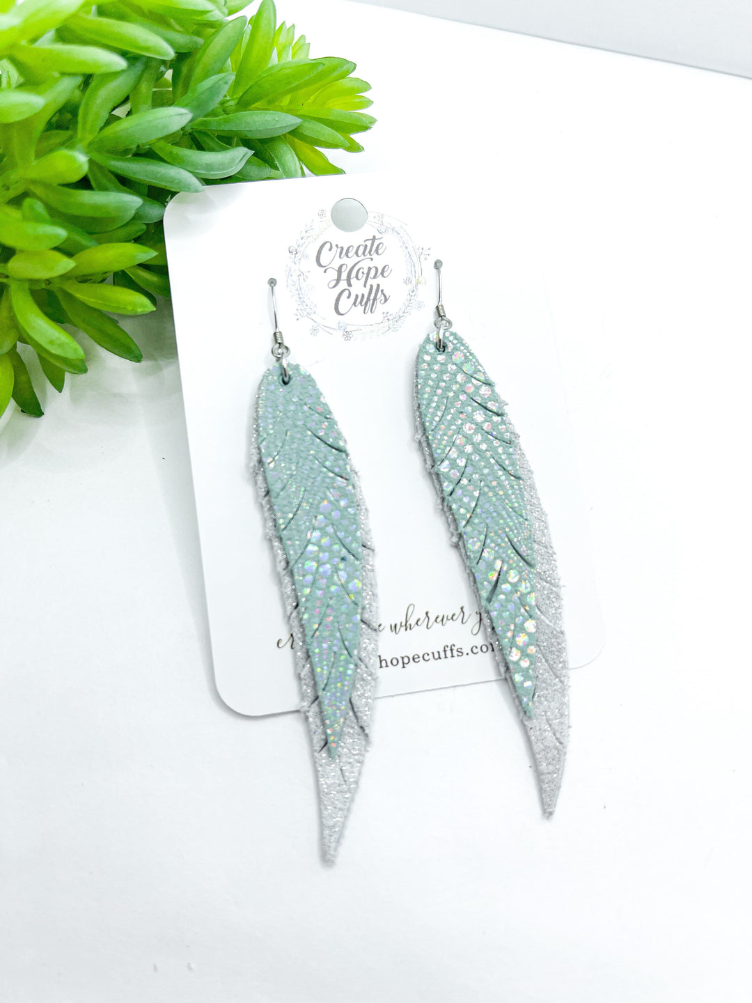 Metallic Halo Feathers | Leather Earrings | 4 Colors | Hypoallergenic | Women Leather Earrings Create Hope Cuffs Subtle Minty Green 