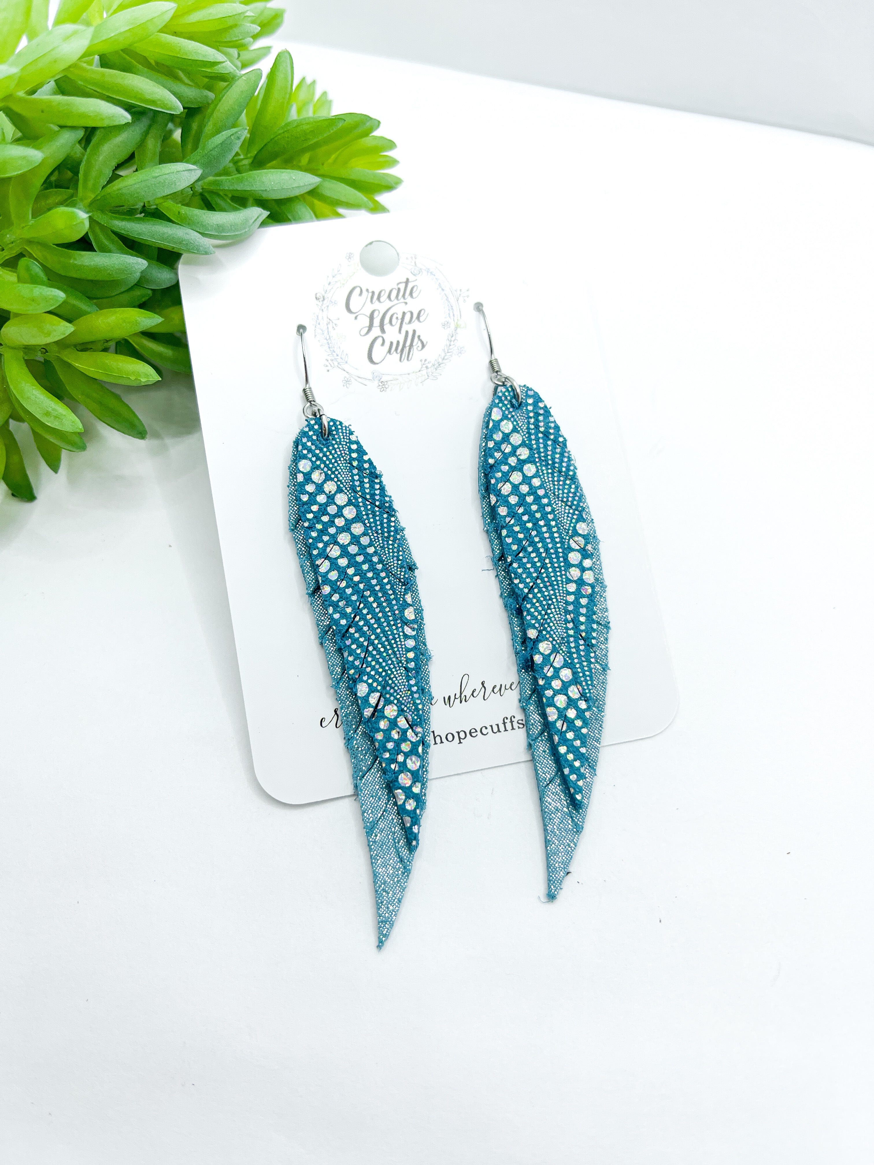 Metallic Halo Feathers | Leather Earrings | 4 Colors | Hypoallergenic | Women Leather Earrings Create Hope Cuffs Turquoise Blue