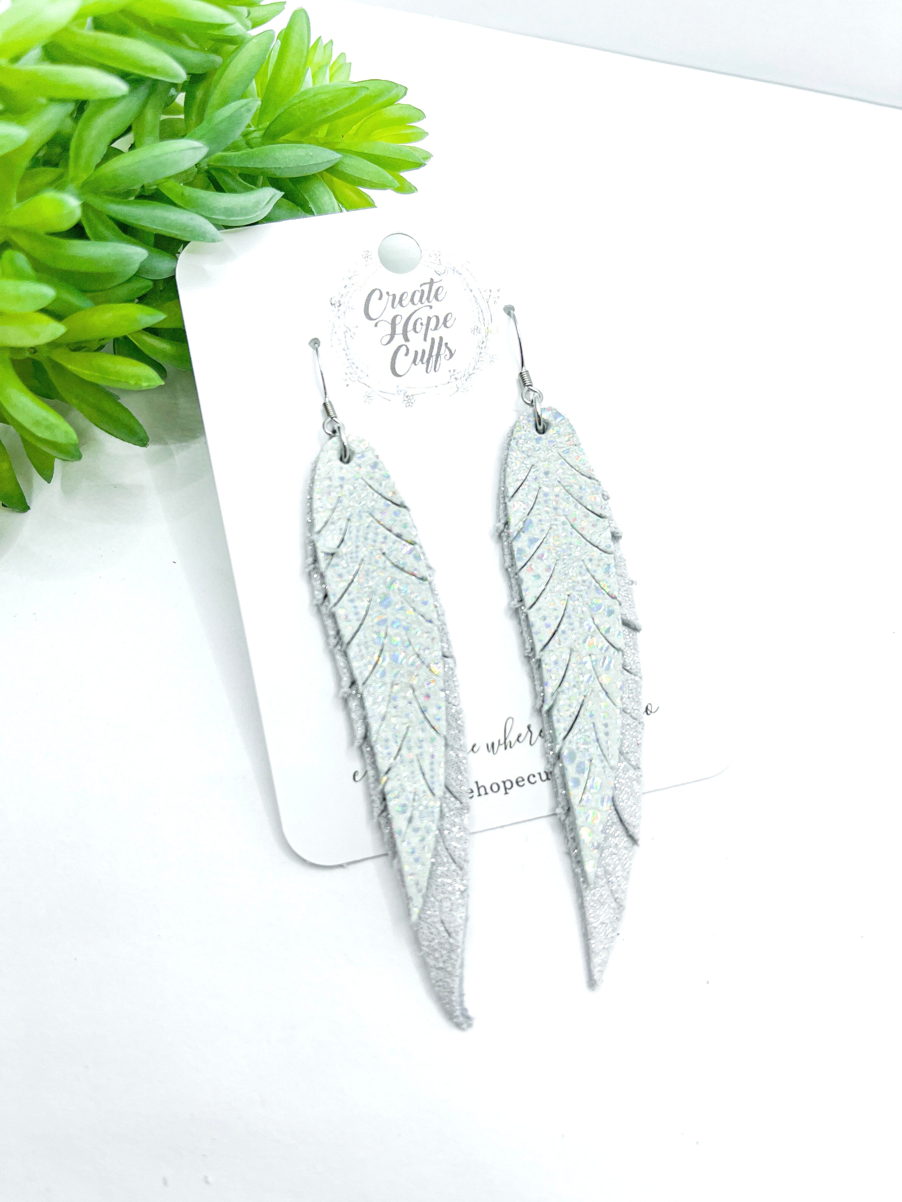 Metallic Halo Feathers | Leather Earrings | 4 Colors | Hypoallergenic | Women Leather Earrings Create Hope Cuffs White