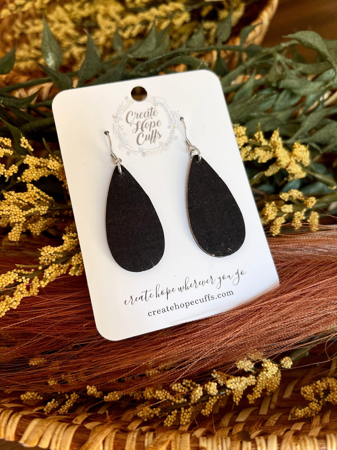 Midnight Black | Thin Teardrop Leather Earrings | Hypoallergenic | Women Leather Earrings Create Hope Cuffs