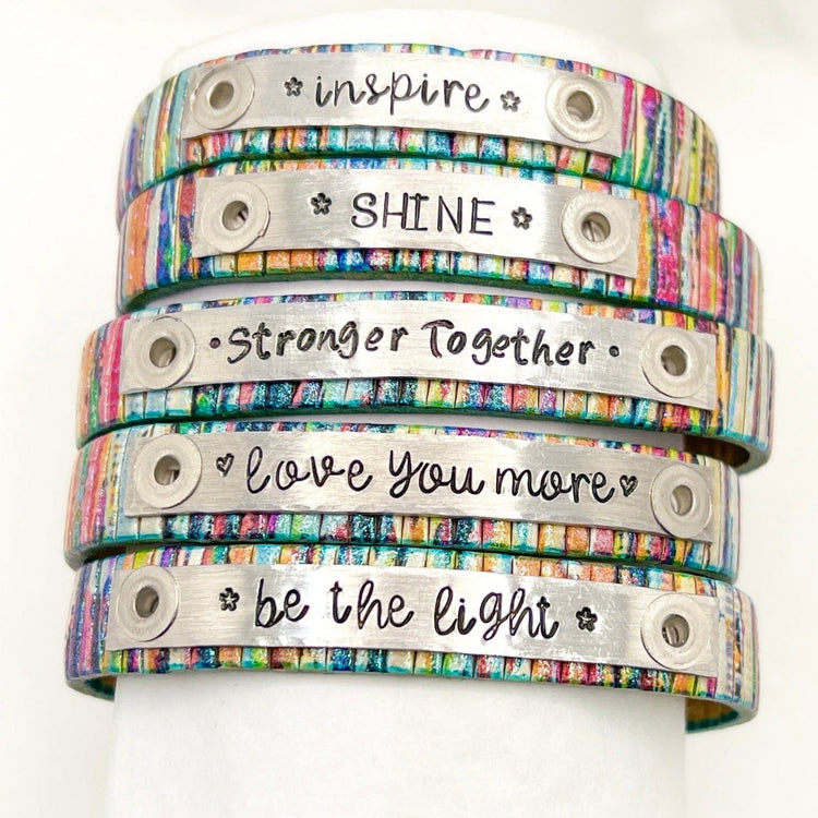 Multi Shimmer Rainbow Design Leather | 5 Phrases | Skinny Bracelet | Adjustable Skinny Bracelets Create Hope Cuffs