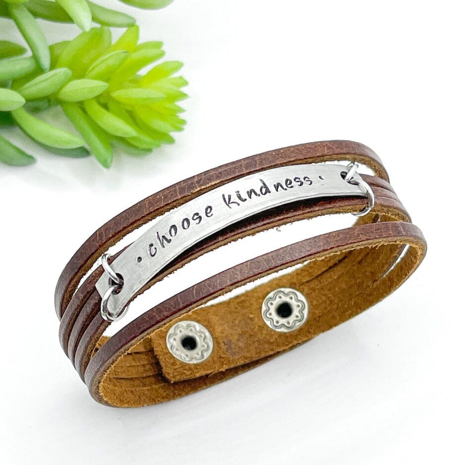 Natural Brown | CHOOSE KINDNESS | Mini Leather Wrap Bracelet | Women | Adjustable Leather Wrap Create Hope Cuffs