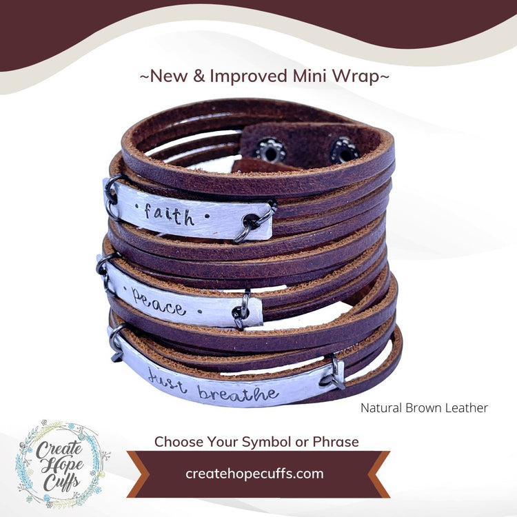 Natural Brown LET YOUR LIGHT SHINE Mini Leather Wrap Bracelet | Women | Adjustable Leather Wrap Create Hope Cuffs