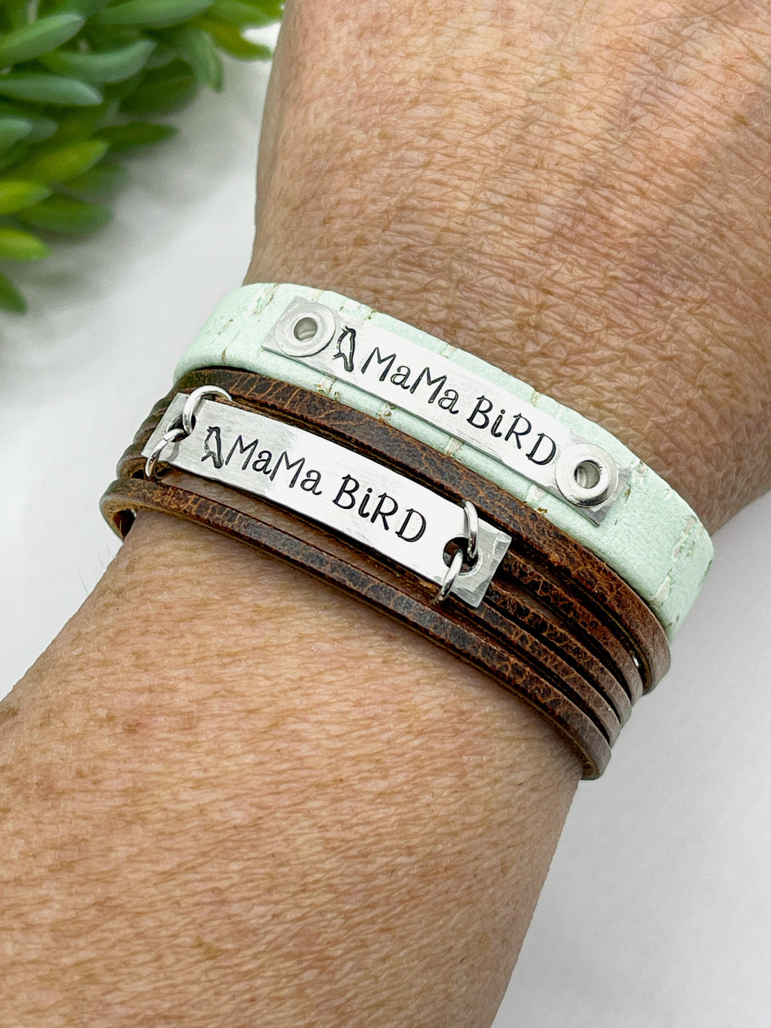 Natural Brown | MAMA BIRD | Mini Leather Wrap Bracelet | Women | Adjustable Leather Wrap Create Hope Cuffs