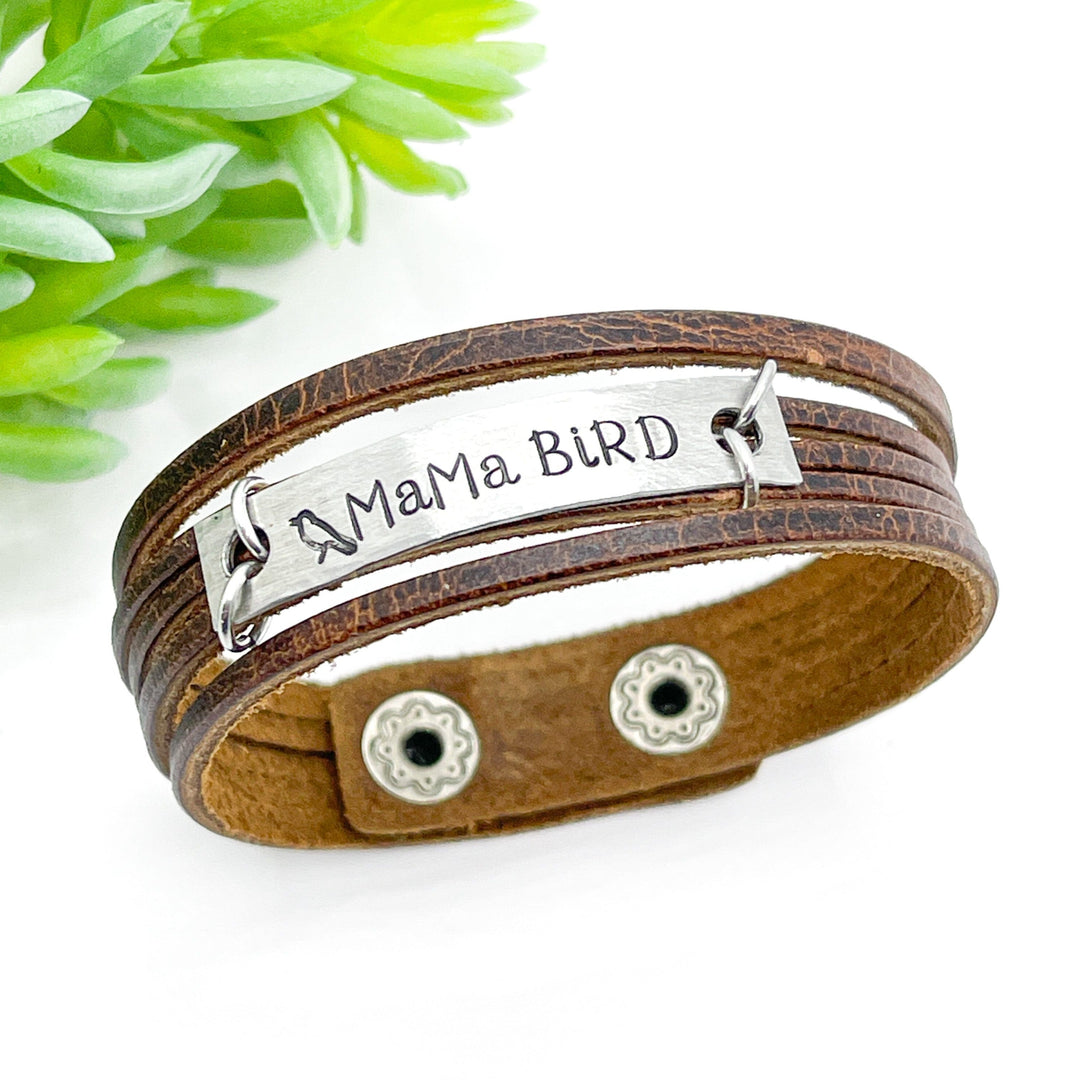 Natural Brown | MAMA BIRD | Mini Leather Wrap Bracelet | Women | Adjustable Leather Wrap Create Hope Cuffs
